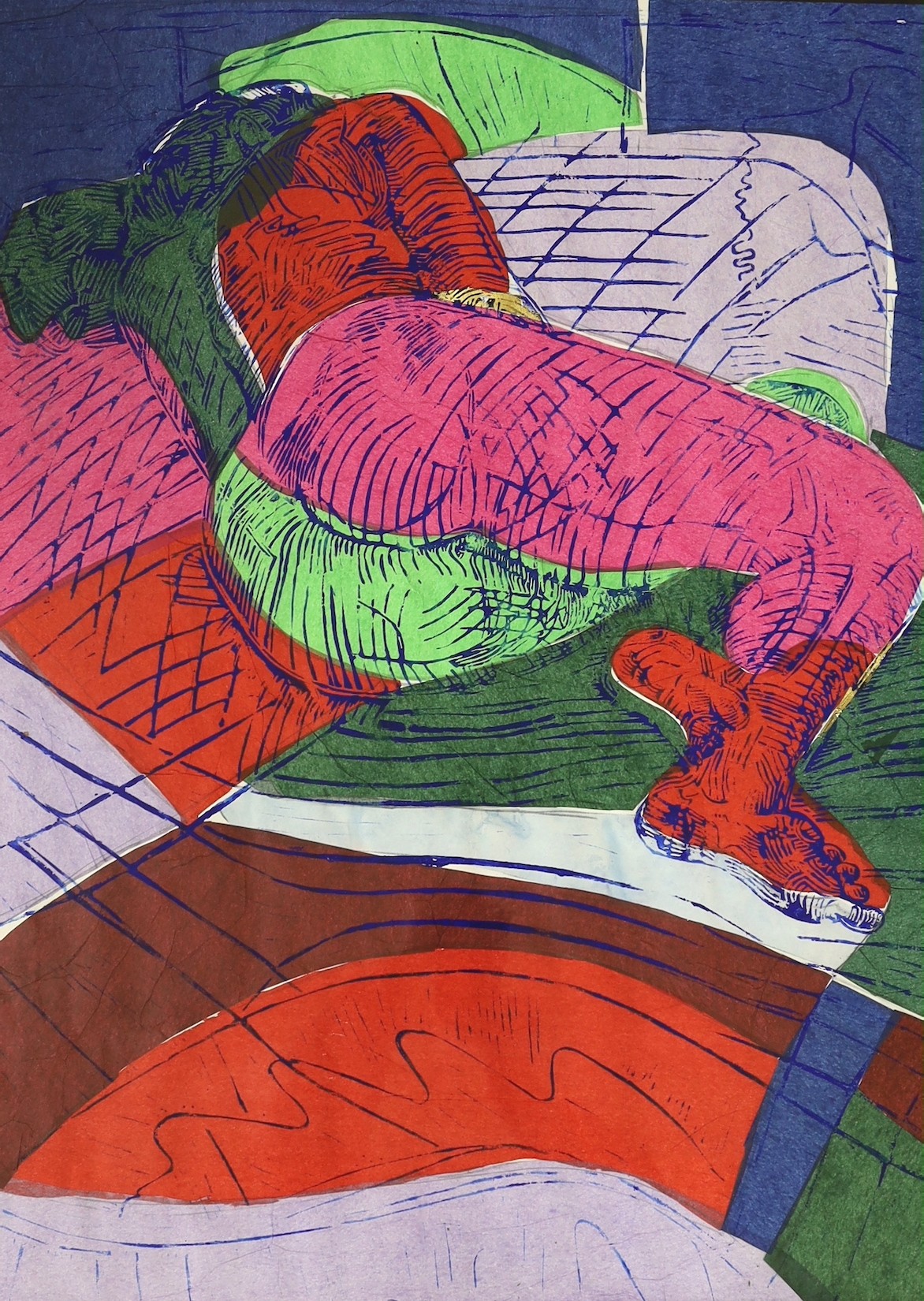 Modern British, linocut, Reclining woman, 80 x 67cm